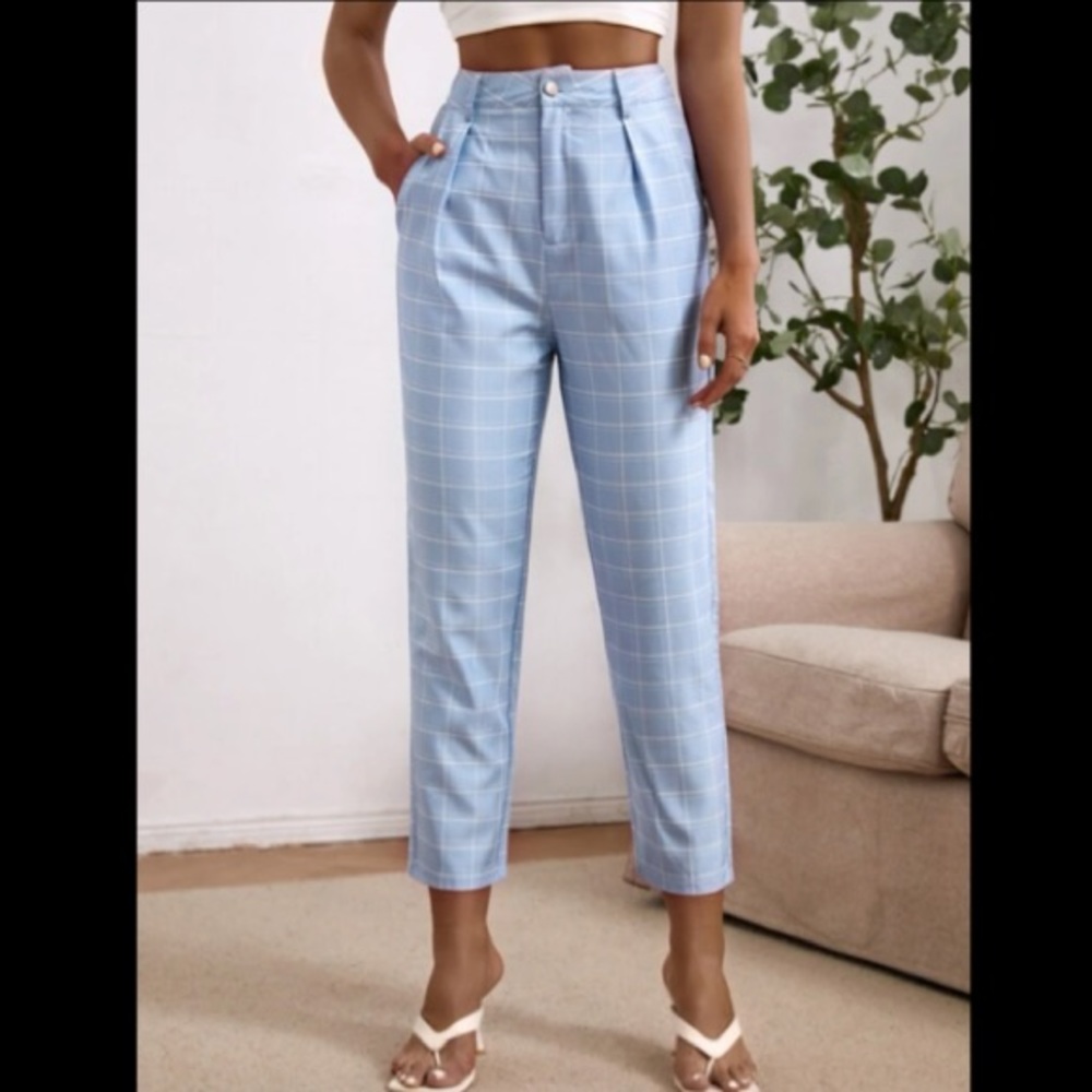 SHEIN Plaid Print Slant Pocket Fold Pleated Pants
